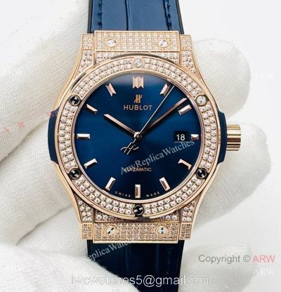 HB V3 version Hublot Classic Fusion Watch Iced Out Rose Gold Blue Dial Super Clone 1