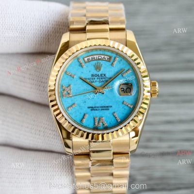 New Yellow Gold Rolex Day Date 36mm Turquoise Roman Dial M128238-0071 Replica Watch 1