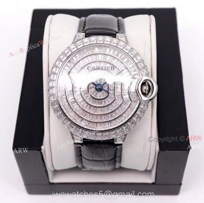Iced Out Cartier Ballon Bleu 42mm Black Leather Strap Watch Replica 1