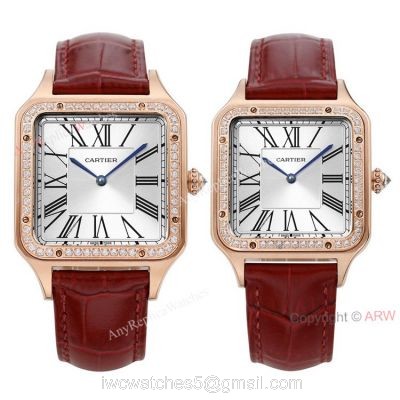 New Faux Cartier Santos-Dumont Rose Gold Couple Watch With Diamonds Bezel Brown Leather Band 1