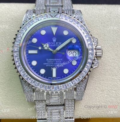 Swiss Copy Rolex Iced Out Submariner 2836 Watch 904L Stainless Steel Blue Face 1