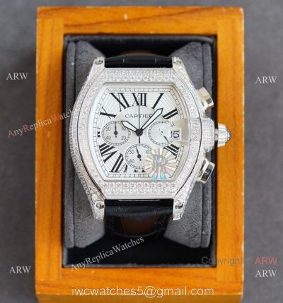 Iced Out Cartier Roadster Replica Watch White Chronograph Dial Men Watch 1