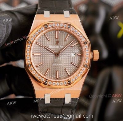 High End Replica Audemars Piguet Royal Oak Rose Gold Grey Dial Automatic Watch With Diamonds Black Leather Strap 1
