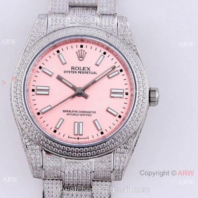 Swiss Quality Copy Rolex Iced Out Oyster Perpetual 41 Watch Candy Pink Dial Mingzhu Movement 1
