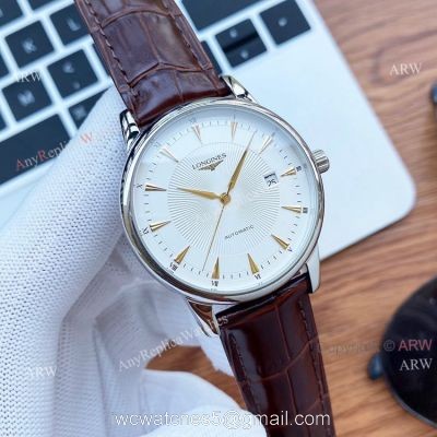 40mm Longines Automatic Watch White Dial Brown Leather Strap High Copy 1