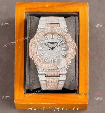 Swiss Grade Patek Philippe Nautilus 40mm Watch 9015 Ultra-thin Full Diamond Dial 2-Tone Rose Gold 1