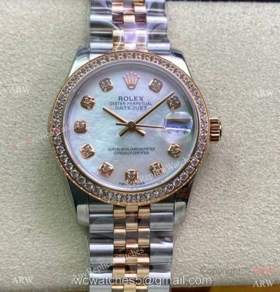 Swiss Copy Rolex Datejust 2-Tone Rose Gold Mop Dial Diamond watch 31mm Mid-size 1