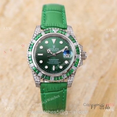 Swiss Quality Rolex Submariner Citizen 8215 Watch Green Leather Strap 1
