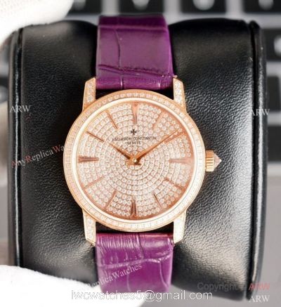 NEW! Swiss Grade Vacheron Constantin Traditionnelle Ultra-Thin Iced Out Rose Gold Watch 1