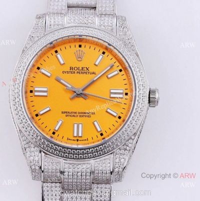 Swiss Quality Iced Out Rolex Oyster Perpetual 41 Wrist Yellow Dial Full Diamond Case 1