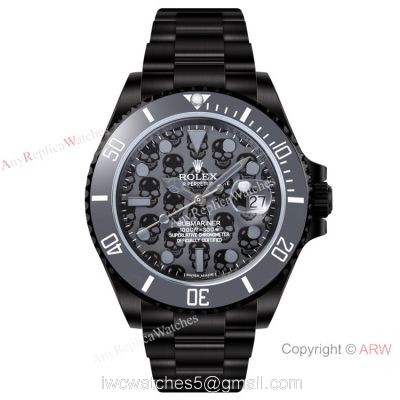 2021! Swiss Rplica Rolex Submariner Blaken Skull Cal.2824 DLC Steel Ceramic Bezel 40mm 1