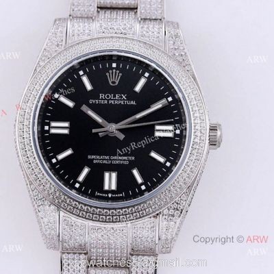 Swiss Quality Iced Out Rolex Oyster Perpetual 41mm Watch Full Diamond Case Black Dial 1