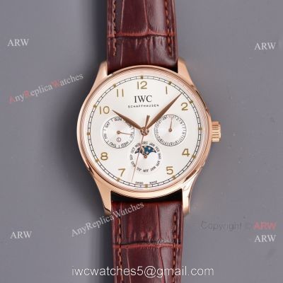Fake IWC Portuguese Moonphase Rose Gold Case 42MM Brown Leather Strap Watch 1