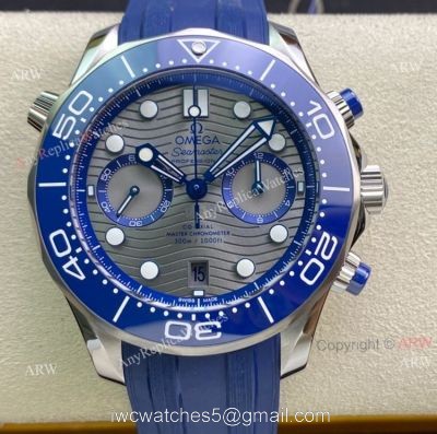 New OM Factory Omega Seamaster Diver 300m Grey Dial Blue Rubber Strap Replica Watch For Men 1