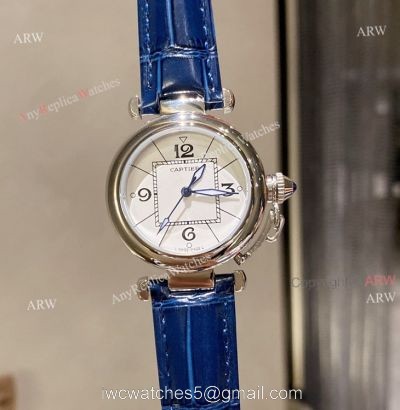 New Pasha De Cartier Watch 35mm white face blue leather strap replica 1