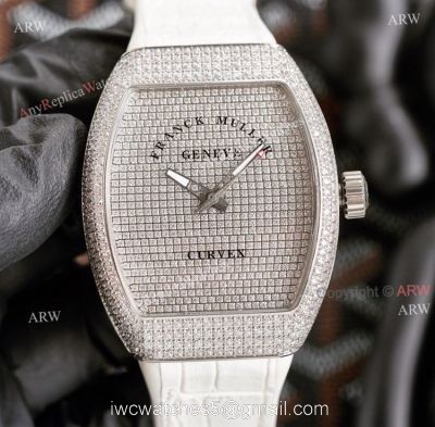 Replica Iced Out Franck Muller V45 Diamond Watch Automatic White Leather Strap 1