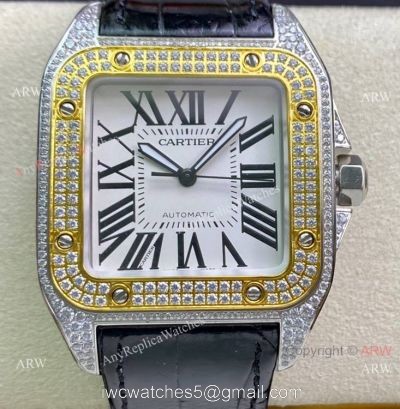 Swiss Quality Iced Out Cartier Santos De Watch Two Tone Sapphire Crystal 1