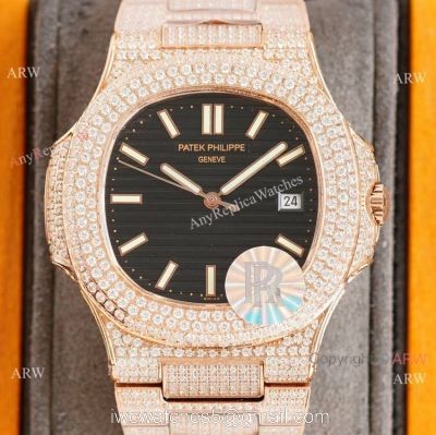 Swiss AAA Replica Patek Philippe Nautilus 9015 Ultra-thin Watch Rose Gold Iced Out Black Dial 40mm 1