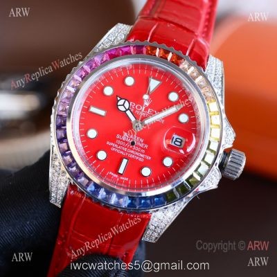 Top Replica Rolex Submariner Rainbow Bezel Red Leather Diamond Watch 1