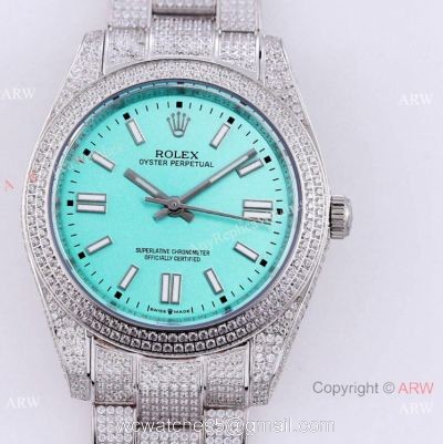 Swiss Quality Rolex Oyster Perpetual 41mm Full Diamond Watch Turquoise blue Dial 1