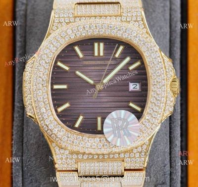 Swiss AAA Replica Patek Philippe Nautilus Iced Out Yellow Gold Watch 40mm 9015 Ultra-thin Movement 1