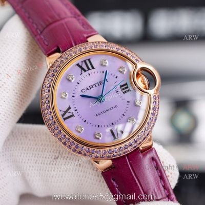 New Ladies Cartier Ballon Bleu 33mm Rose Gold diamond Purple Dial Purple Leather Strap Replica Watches 1