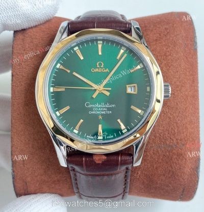 Copy Omega Constellation Green Dial Stainless Steel Brown Leather Strap Men Watch 1