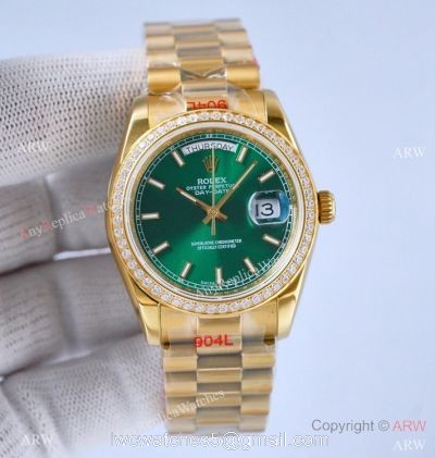 Swiss Replica Rolex Day-date President 36 Swiss 2836 Watch Olive Green Diamond Bezel 1