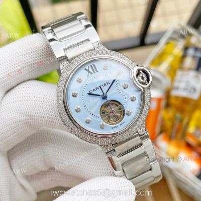 Replica Ladies Cartier Ballon Bleu Tourbillon 36mm Ice Blue Dial Watch With Diamonds 1