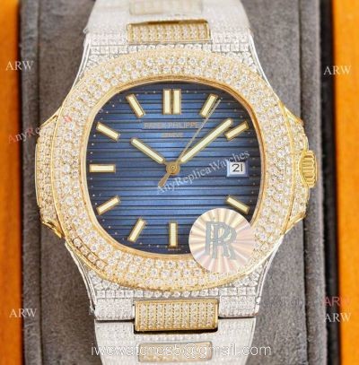 Swiss Replica Patek Philippe Nautilus 9015 Ultra-thin Watch Two Tone Iced Out Case 1