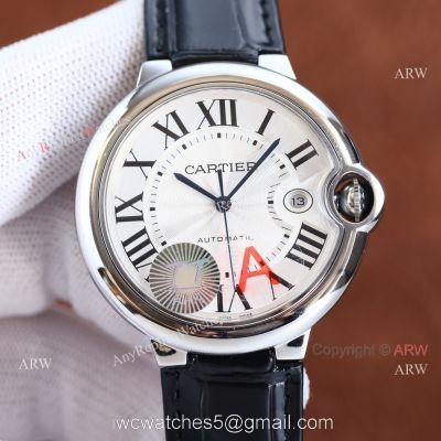 Copy Balloon Blue Cartier SS Silver Face Watch with Black Leather Strap 1
