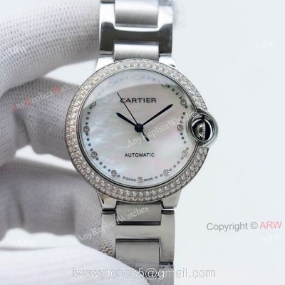 Swiss Quality Cartier Ballon Bleu 36mm White Mop Dial Stainless Steel Copy Watch With Diamonds 1