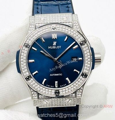 HB Factory V3 version Hublot Classic Fusion Swiss Hub1213 Watch Iced Out Silver Case Blue Dial 1