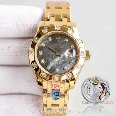 Swiss Replica Rolex Datejust Pearlmaster 81319 Watch Black Mother-Of-Pearl Yellow Gold 34mm 1