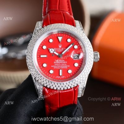 Rolex Submariner Diamond Bezel Red Face Leather Strap Citizen 8215 Watch 1