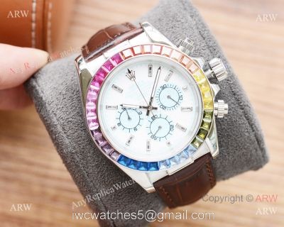 Fake Rolex Daytona Rainbow Watch Leather Band White Dial Japan-quartz 1