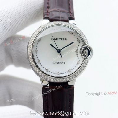 Swiss Quality 36mm Cartier Ballon Bleu Ladies Replica Watch With Diamond Bezel Brown Leather Strap 1