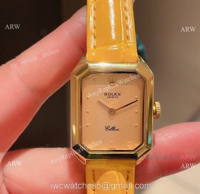 Replica Rolex Cellini 24MM Yellow Dial Gold Case Leather Strap Watch For Lady 1