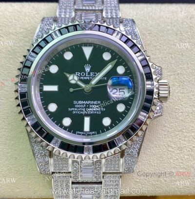 Swiss Replica Rolex Submariner 2836 Iced Out Watch Stainless Steel Black Diamond Bezel 1