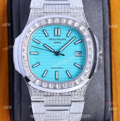 Iced Out Patek Philippe Nautilus Tiff-any Baby Blue Diamond Band Watch Cal.324 40mm 1