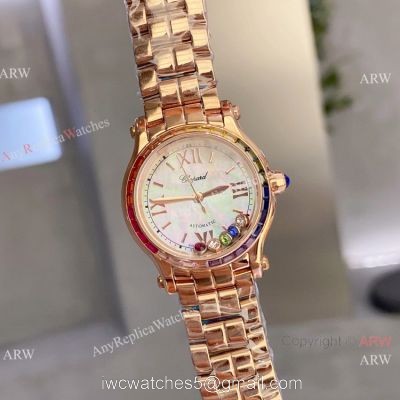 Replica Chopard Happy Sport Quartz 30mm Watch Rainbow bezel Rose Gold 1