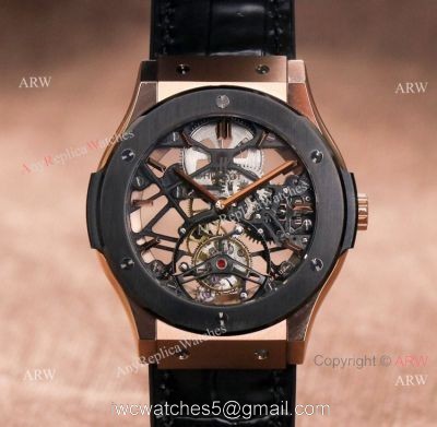 Rose Gold Hublot Classic Fusion Skeleton Tourbillon Black Bezel Watch Best Replica 1