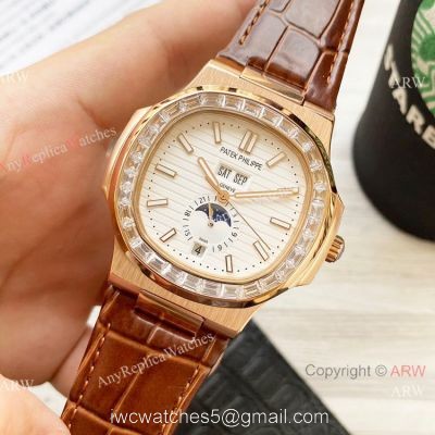 Clone Patek Philippe Annual Calendar Nautilus Watch Brown Leather Strap Diamond Bezel 1