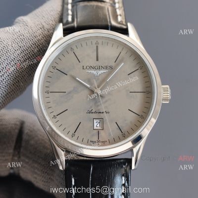 Replica Longines Elegant Gray Meteorite Texture Dial Black Leather Strap Watch 8215 Movement 1