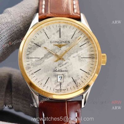 Replica Longines Elegant Rose Gold Bezel 8215 Movement White Dial Brown Leather Strap Watch 1