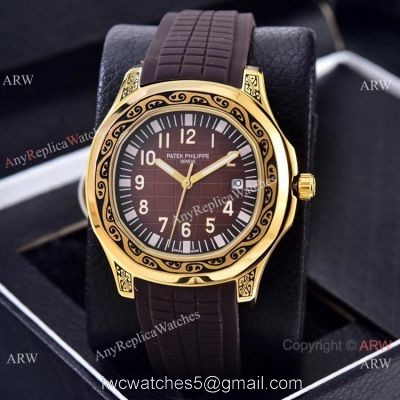 Clone Patek Philippe Aquanaut Engraving Watches Gold and Brown Rubber Strap 1