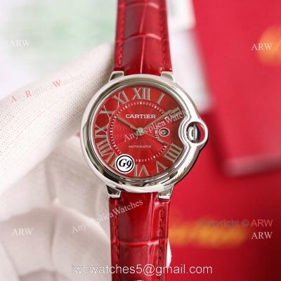 Copy Balloon Blue Cartier Red Dial Watch Polished SS Case Leather Strap 1