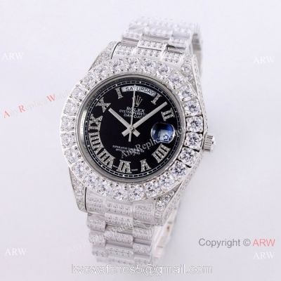 Day Date Rolex Diamond Bezel Replica Watch Stainless Steel Black Dial 43mm 1