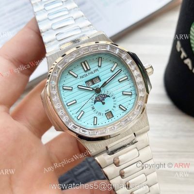 New Clone Patek Philippe Nautilus Annual Calendar Watch Baby Blue Face with Diamonds 1