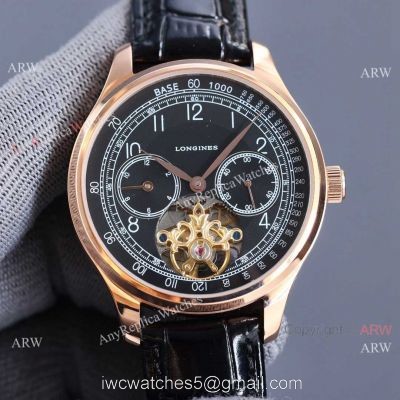 Copy Longines Master Tourbillon Rose Gold Case Black Face Leather 42MM Watch 1